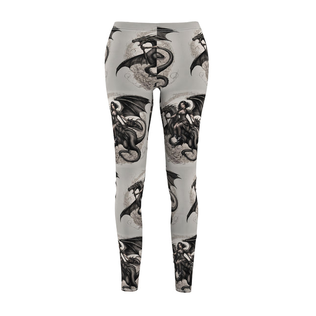 Women's Goth Medieval Dragon Casual Leggings, Reptile Riding Beauty Elastic Bottoms, Tight Black and Beige Cream Pants