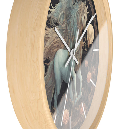 Majestic Myths Art Clock | Floral Flower Night Field Horned Horse Wall Hanging | Mystical Moon Fantasy Home Office Decor Gift