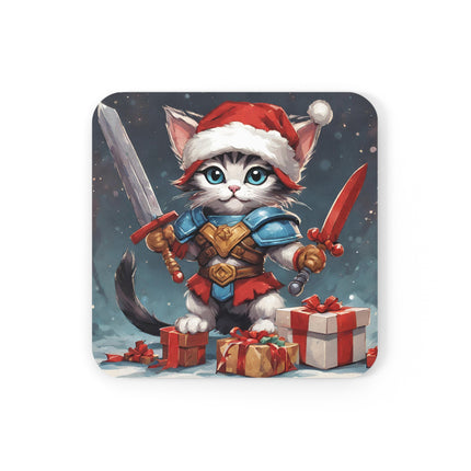 Christmas Drink Coaster Kitten Drink Holder Santa Warrior Kitten Snow Sled Cat Lover Cork Coaster