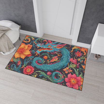 Japanese Dragons Floral Heavy Duty Floor Mat | Flower Pattern Style Serpent Bathroom Decor | Entryway Flowered Chinese Dragon Lover Gift