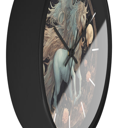 Majestic Myths Art Clock | Floral Flower Night Field Horned Horse Wall Hanging | Mystical Moon Fantasy Home Office Decor Gift