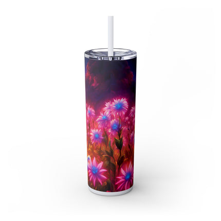 COSMIC BLUE WARRIOR CAT Skinny Tumbler - Neon Flower Field Armored Kitten Cup