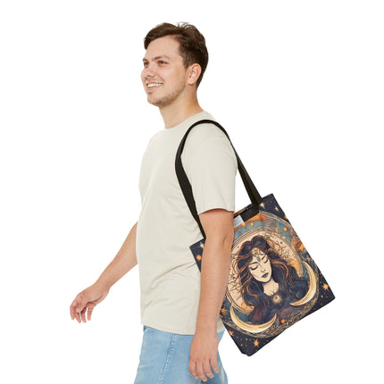 Sun & Moon Goddess Tote | Lunar Stars and Space Astronomy Grocery Bag | Wiccan Dreams Office Laptop Book Carrier | Solar System Travel Gift
