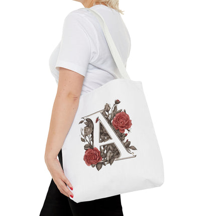 Custom Letter Personalized Tote | Rose Flowered Grocery Travel Bag | Floral Print Roses Office Laptop & Books or Exercise Overnight Carrier