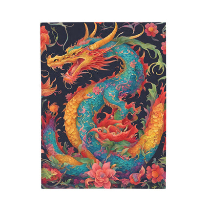 FLOWERED JAPANESE DRAGON BLANKET - Floral Asian Art Plush Throw