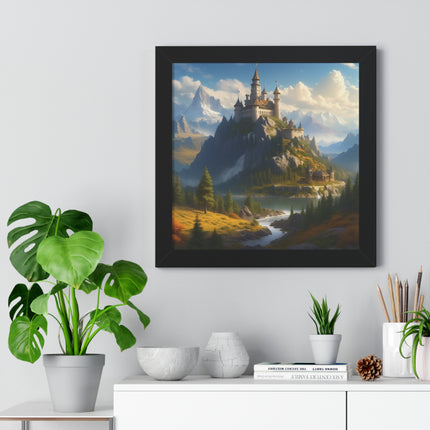 Video Game Fantasy Castle, RPG Valley Framed Poster, Mountain Nature Scene Picture, Open World Style Wall Hanging, Gamer Office Scenery