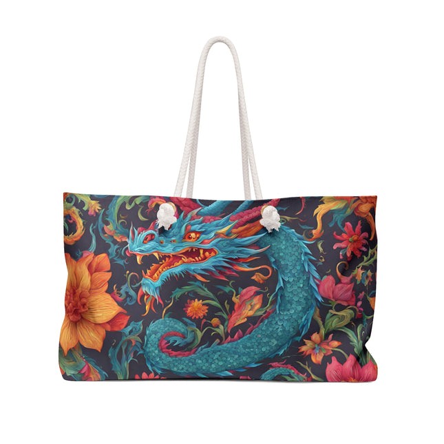 Custom Weekender | Japanese Dragon Travel Bag | Flowered Floral Serpent Japan Style Cruise Airplane & Hotel Road Trip Overnight Carrier