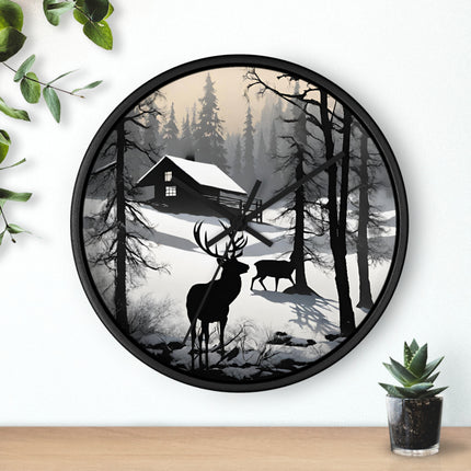HUNTING CABIN Wall Clock - Winter Deer Scene Rustic Lodge Decor