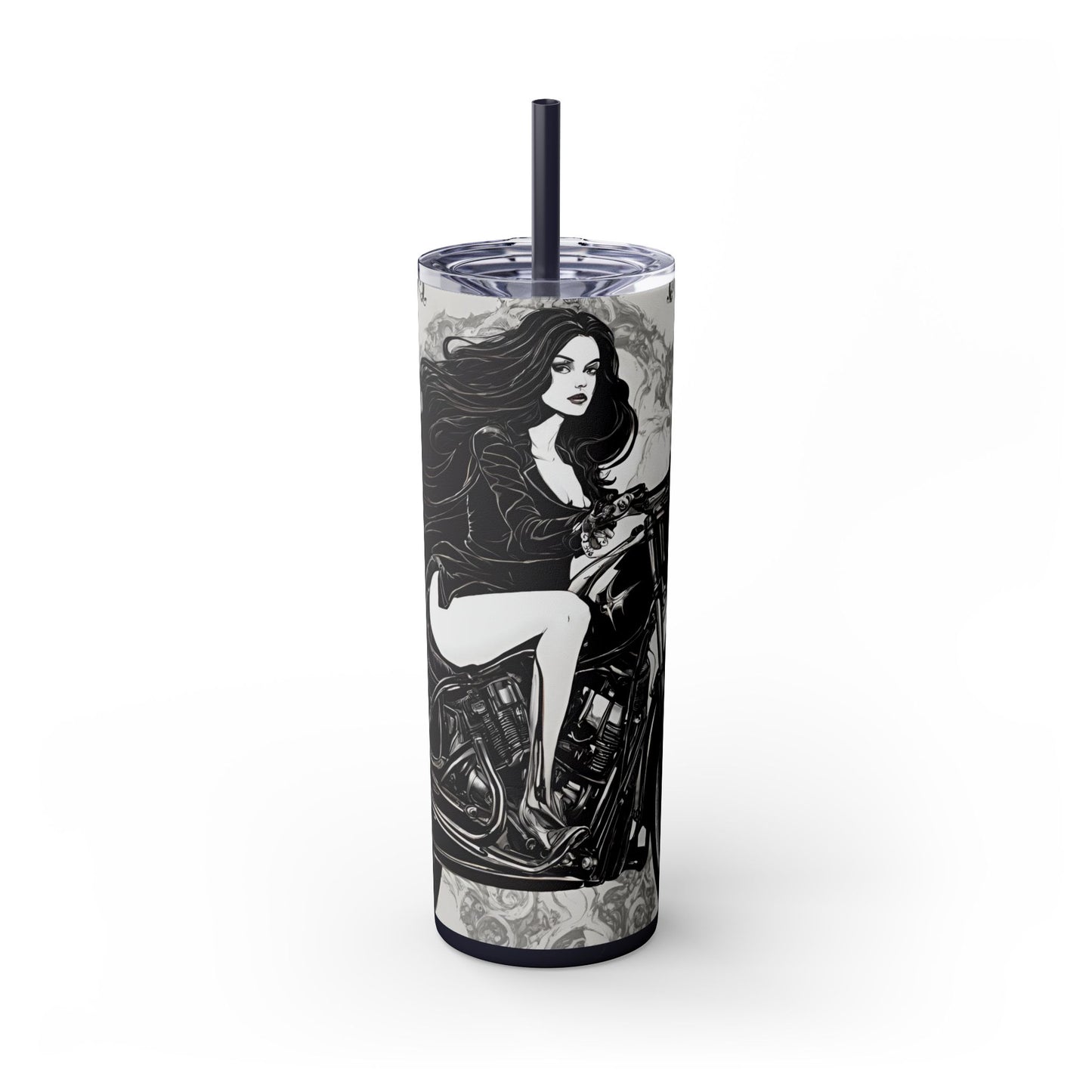 Gothic Beauty Biker Skinny Tumbler, Biker Babe Motorcycle Traveler, Leather Clad Hot or Cold Drinking Cup, Exercise Workout Beverage Holder
