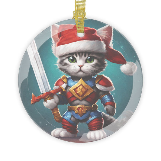 Kitten Christmas Ornament, Holiday Tree Decoration, Adorable Cat Gift, Round Glass Keepsake, KITTEN WARRIOR