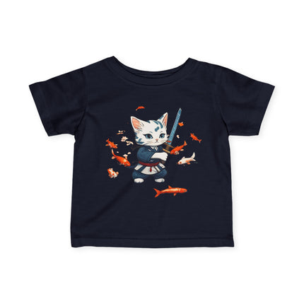 Samurai Kitten Infant Gift Shirt, Warrior Cat Japanese Koi Fish Tee, Cute Kitty Floating Mystical Fish Short Sleeve Baby Tshirt