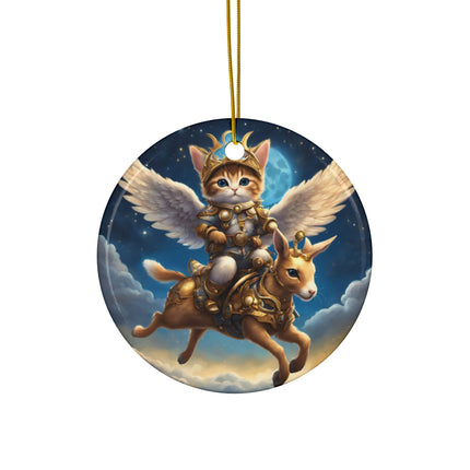 PERSONALIZED Flying Fantasy Christmas Winged Cat and Mechanical Reindeer Ornament