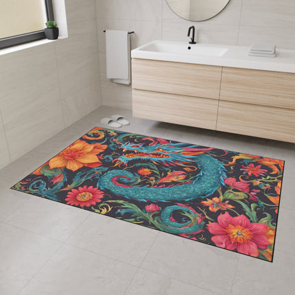 Japanese Dragons Floral Heavy Duty Floor Mat | Flower Pattern Style Serpent Bathroom Decor | Entryway Flowered Chinese Dragon Lover Gift
