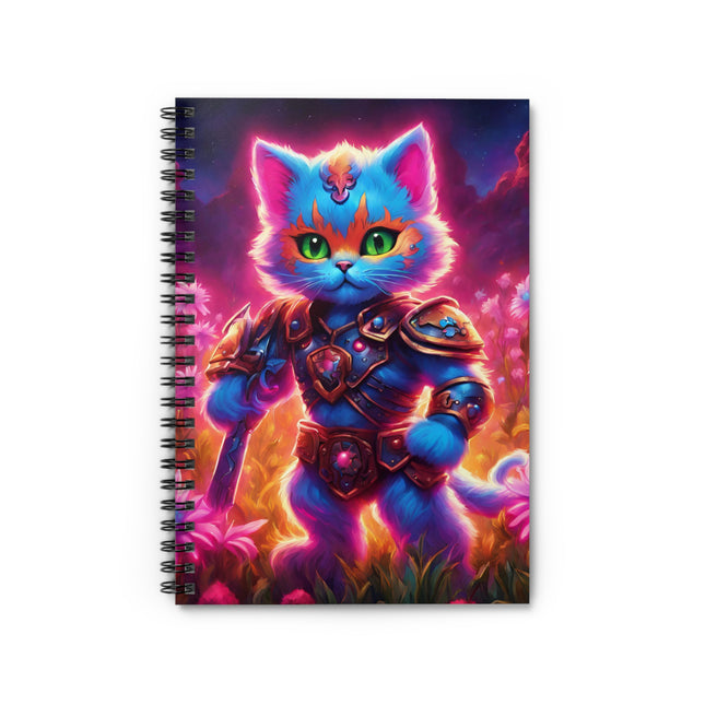 Neon Glowing Warrior Cat Spiral Notebook, Girls Lush Flower School Notepad, Armored Cosmic Space Spiral Journal