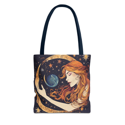 Moon Shaping Goddess Tote | Lunar Stars & Space Astronomy Grocery Bag | Woman Morphing Home Office Laptop Clothing Travel Overnight Gift