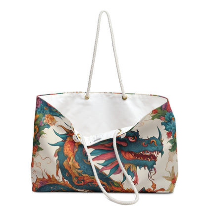 Custom Weekender | Japanese Dragon Travel Bag | Flowered Floral Serpent Japan Style Cruise Airplane & Hotel Road Trip Overnight Carrier