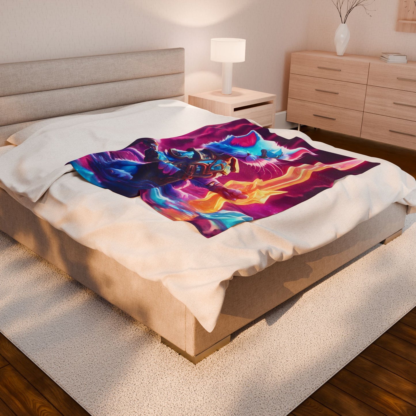 Warrior Cat Crystal Sword Blanket, Glowing Neon Cave Plush Sheet Blanket, Armored Kitten Bed Cover, Shielded Mystic Blade Bedroom Throw