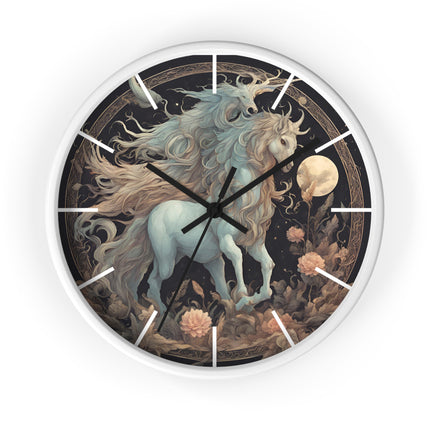Majestic Myths Art Clock | Floral Flower Night Field Horned Horse Wall Hanging | Mystical Moon Fantasy Home Office Decor Gift