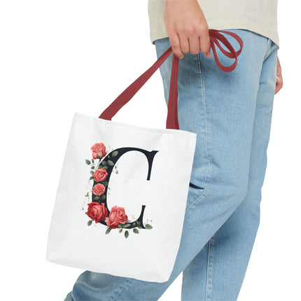 Custom Letter Personalized Tote | Rose Flowered Grocery Travel Bag | Floral Print Roses Office Laptop & Books or Exercise Overnight Carrier