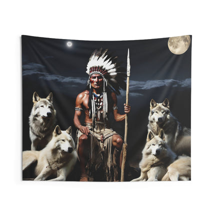 Indian Chief Wall Decor | Night Sky Tribe Wolf Pack Mountain Tapestry | Tribal Wolves Gift | Resting Native American Game Room Wall Hanging