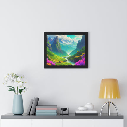 Fantasy Art Flower Mountain Valley, Landscape Framed Poster, Video Game Open World Scene Picture, River Spring Wall Hanging, Office Scenery