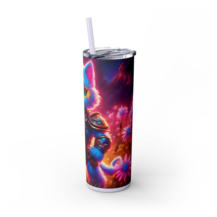 COSMIC BLUE WARRIOR CAT Skinny Tumbler - Neon Flower Field Armored Kitten Cup