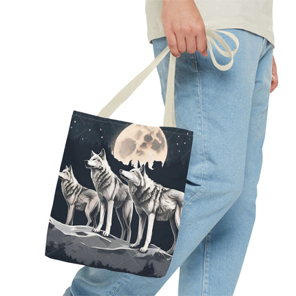 Moon Wolves Tote | Night Sky Mountain Wolf Pack Grocery Bag | Laptop & Book Carrier | Home Office Wooded Wild Dogs Travel Overnight Gift