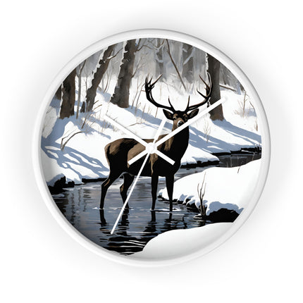 Deer Hunter Wall Art Clock | Winter Creek Big Buck Wall Hanging | Snowy Nature Scenic Home Office Hunting Lovers Gift