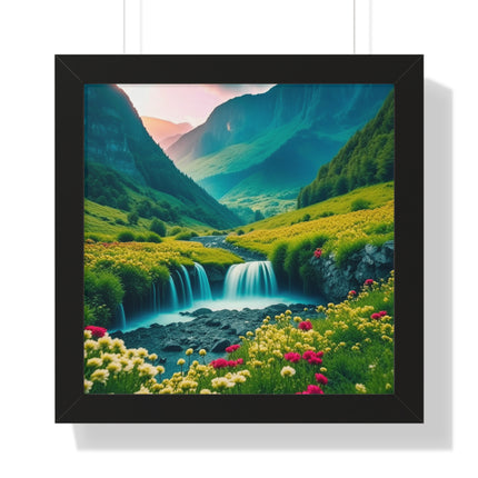 Beautiful Mountain Valley Framed Poster, Waterfall Nature Scene Picture, Flower Blossom Spring Wall Hanging, Flowing River Office Scenery