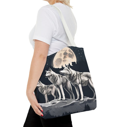 Moon Wolves Tote | Night Sky Mountain Wolf Pack Grocery Bag | Laptop & Book Carrier | Home Office Wooded Wild Dogs Travel Overnight Gift