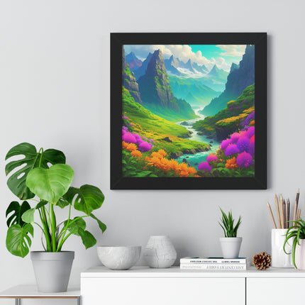 Fantasy Art Flower Mountain Valley, Landscape Framed Poster, Video Game Open World Scene Picture, River Spring Wall Hanging, Office Scenery
