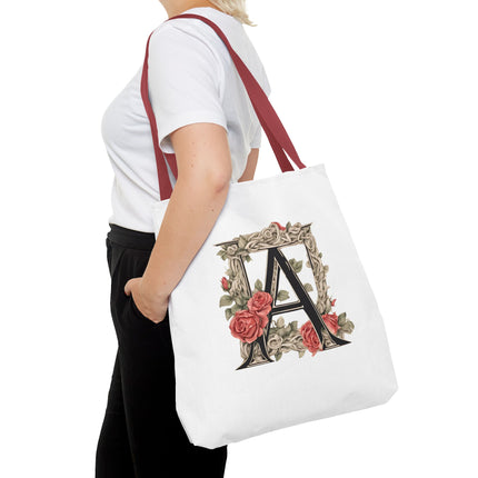 Custom Letter Personalized Tote | Rose Flowered Grocery Travel Bag | Floral Print Roses Office Laptop & Books or Exercise Overnight Carrier