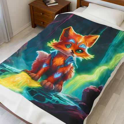 Crystal Fox Guardian Kids Blanket, Glowing Waterfall Cave Plush Throw Cover, Neon Mystic Cavern, Armored Fox Bedroom Twin Cover