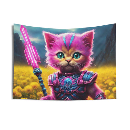 Warrior Cat Dandelion Art Tapestry, Pink Armored Kitten Neon Spear Wall Hanging, Yellow Flower Field Mystical Bed & Game Room Gift
