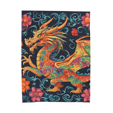 JAPANESE HORNED FLORAL DRAGON  Blanket - Traditional Asian Mythical Beast Plush Throw