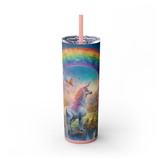 Girls Rainbow Unicorn Tumbler, Skinny Drinking Hot Cold Traveler, Mystical Fantasy Liquid Cup