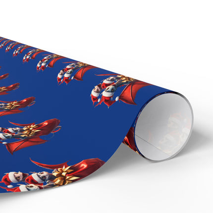 Christmas Wrapping Paper, BLUE, Dragon Gift Wrap, Red Holiday Paper, Flying Dragon Presents, Holiday Gift Wrap Roll