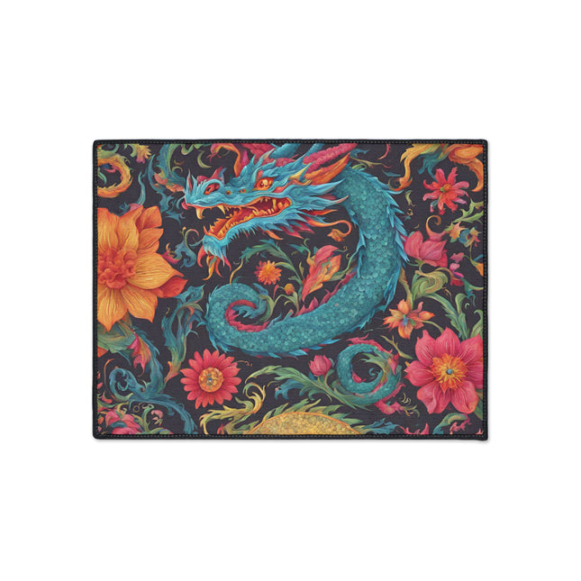 Japanese Dragons Floral Heavy Duty Floor Mat | Flower Pattern Style Serpent Bathroom Decor | Entryway Flowered Chinese Dragon Lover Gift