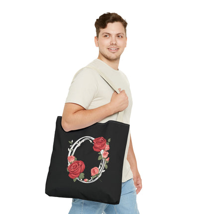 Custom Letter Personalized Tote | Rose Flowered Grocery Travel Bag | Floral Print Roses Office Laptop & Books or Exercise Overnight Carrier