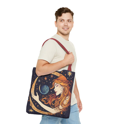 Moon Shaping Goddess Tote | Lunar Stars & Space Astronomy Grocery Bag | Woman Morphing Home Office Laptop Clothing Travel Overnight Gift