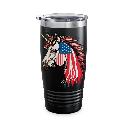Patriotic Unicorn Tumbler | American Flag Election Traveler | United States Flag Patriot Veteran Gift | Freedom Loving Horse Road Drink Cup