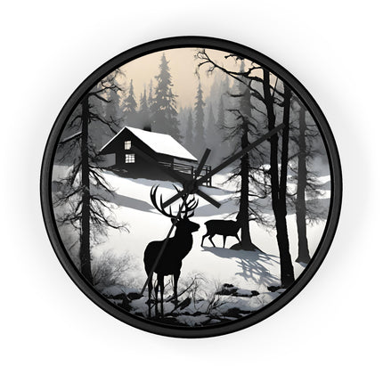 HUNTING CABIN Wall Clock - Winter Deer Scene Rustic Lodge Decor