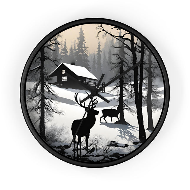 HUNTING CABIN Wall Clock - Winter Deer Scene Rustic Lodge Decor