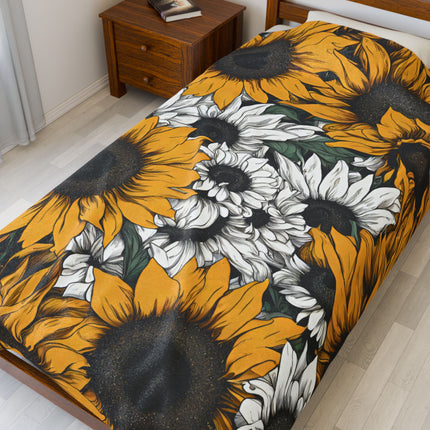 Sunflower Pattern Blanket, Spring or Summer Couch Plush Throw, Yellow and White Flower Bed Cover, Country Home Warm Bedroom Cozy Sheet