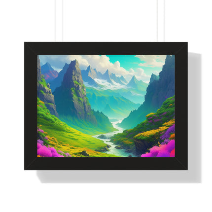 Fantasy Art Flower Mountain Valley, Landscape Framed Poster, Video Game Open World Scene Picture, River Spring Wall Hanging, Office Scenery