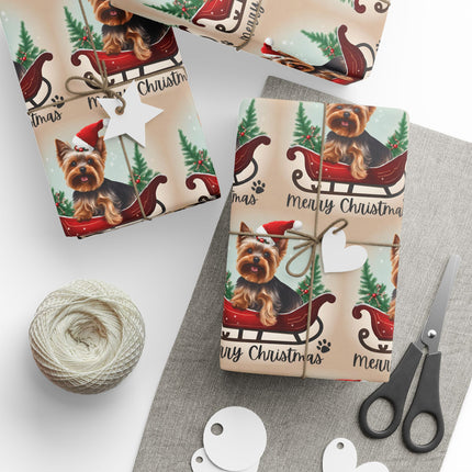 Dog Christmas Wrapping Paper, Yorkshire Terrier Sled Xmas Wrap, Santa Hat Yorkie Gift Wrap, Holiday Gift Wrap Roll