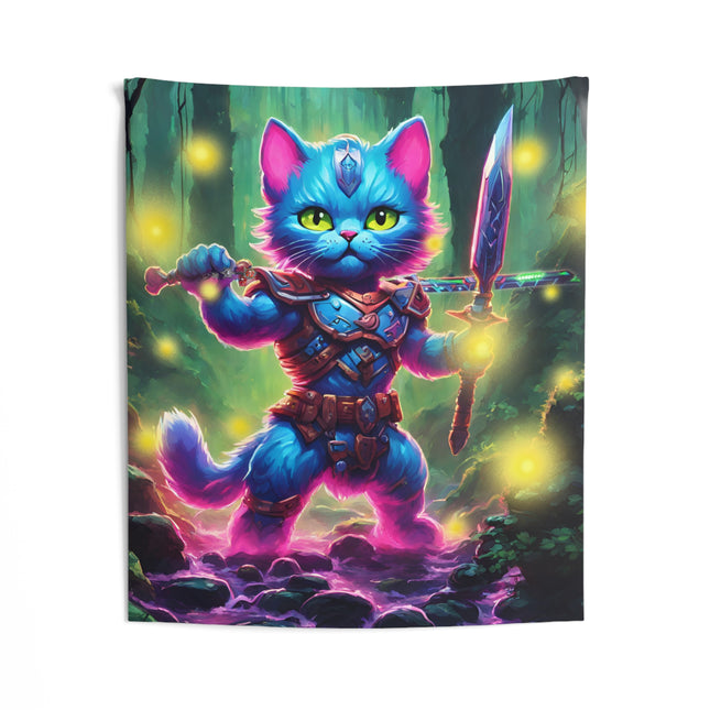 Warrior Cat Firefly Art Tapestry, Blue Armored Kitten Glowing Forest Wall Hanging, Pink Glowing Stone Creek Mystical Bed & Game Room Gift