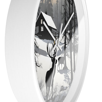 HUNTING CABIN Wall Clock - Winter Deer Scene Rustic Lodge Decor