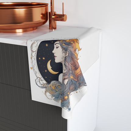 Moon Goddess Hand Towel | Lunar Night Stars Decor | Bathroom Accent Drying Cloth | Astrology Starry Sky & Space Woman Polyester Gift