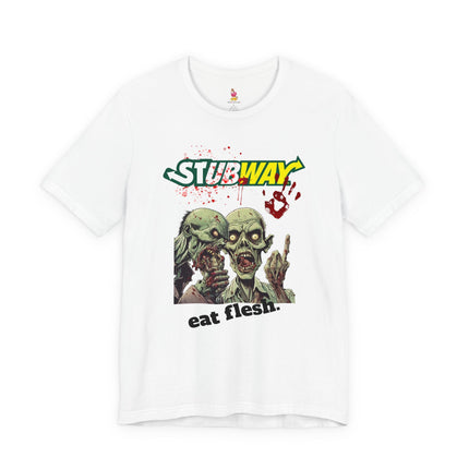 STUBWAY EAT FLESH Zombie Eating T-Shirt - Funny Subway Parody Horror Tee